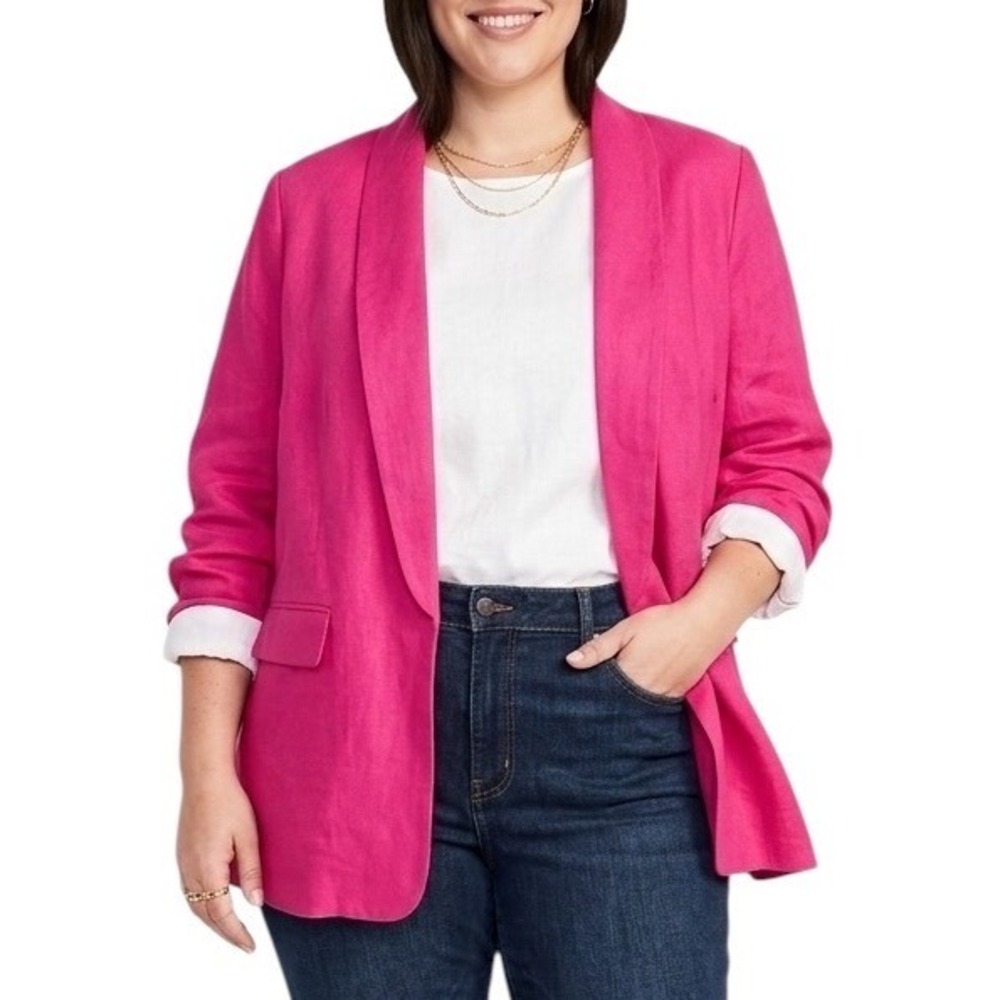 LOFT Plus Womens Pink Linen Blend Shawl Collar Open Front Blazer Jacket Size 16